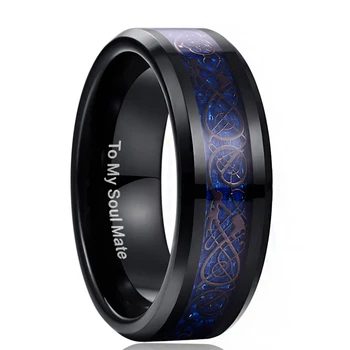 Nuncad Blue Dragon Wolframcarbid Soulmate Ringe Mænds Smykker Bryllup 8MM Bred Belægning Sorte Ringe Bedste Gave til Mand
