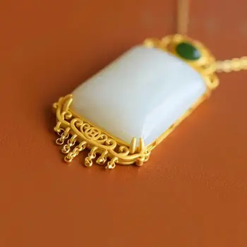 Naturlige Hetian Hvid Jade Geometriske Lille Frynse Vedhæng Halskæde Kina Retro Unikke Gamle Guld Håndværk Kvinders Mærke Smykker