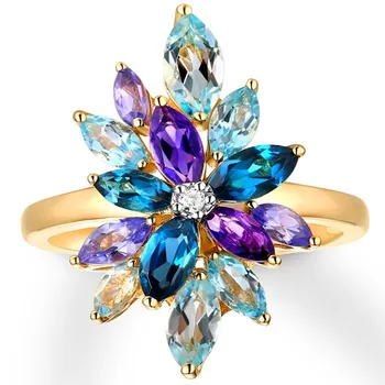 Luksus Kvindelige Farverige Elsker Mode Ring Strålende Gul Guld Rainbow Flower Ring Vintage Engagement Løfte Ringe Til Kvinder
