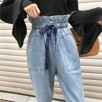 Jeans Kvinder Høj Elastisk Talje, Lommer Bue Søde Piger Ankel-længde Bukser Alle-match Smarte Harajuku koreansk Stil, Mode Afslappet