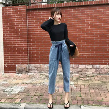 Jeans Kvinder Høj Elastisk Talje, Lommer Bue Søde Piger Ankel-længde Bukser Alle-match Smarte Harajuku koreansk Stil, Mode Afslappet