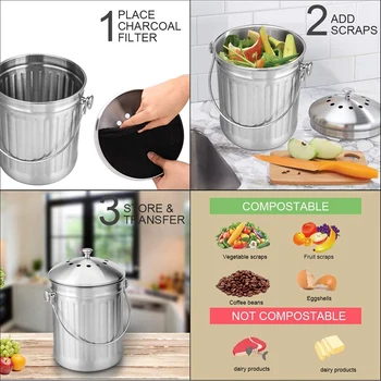 Kompost Bin, Skræl Spand til Hjem, Køkken, Lugtfri Kompost Spand til Køkken madspild, med Håndtag og 2 Kul Filtre, 5