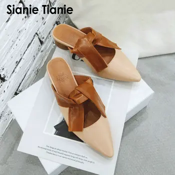 Sianie Tianie 2020 sommeren PU-spids tå med chunky hæle kvinde sandaler udendørs dias mode tøfler kvinder muldyr størrelse 34-48