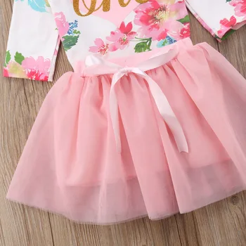2018 Helt Nye Prinsesse Sød Baby Buksetrold Piger En Fødselsdag Sæt Tøj med Lange Ærmer Blomster Sparkedragt+Bow Lace Pink Nederdel 0-24M