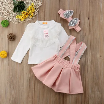 Mode Toddler Børn Piger Lace Tops Paillet Rem 3stk Outfits Sæt Tøj