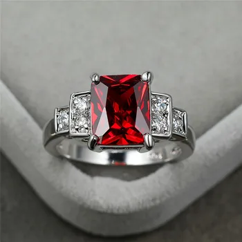 Fine Kvindelige Rød Krystal Sten Ring Minimalistisk Sølv Farve Vielsesringe For Classic Kvinder Zircon Pladsen Engagement Ring