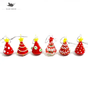 Mini Håndlavet Glas Grønne Juletræ Figurer Ornament Sølv Folie Design Hængende Xmas Udsmykning Vedhæng Med Tilbehør