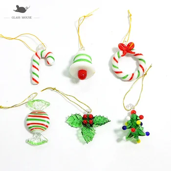 Mini Håndlavet Glas Grønne Juletræ Figurer Ornament Sølv Folie Design Hængende Xmas Udsmykning Vedhæng Med Tilbehør