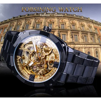 Forsining Retro Classic Royal Design Golden Skelet Stål Sort Transparent Herre Automatisk Mekanisk Top Mærke Luksus