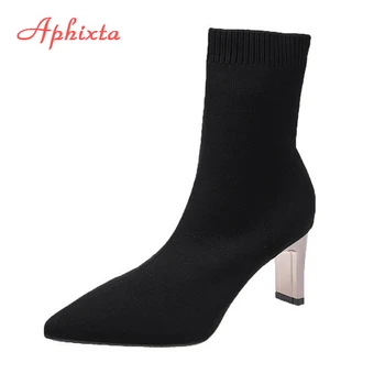 Aphixta Short boots kvinder efteråret strikket stof sokker støvler elastisk støvler fine hæle tynde tynde støvler med høje hæle sokker boot