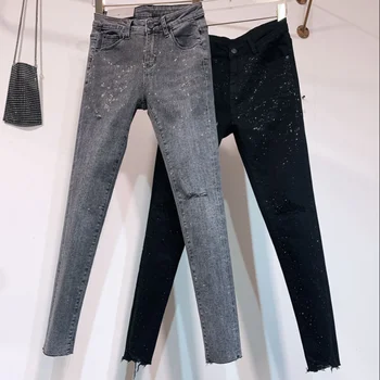 Plus størrelse 26-31!Tunge industri varme boring høj talje hul jeans kvinder casual strække tynde blyant jeans