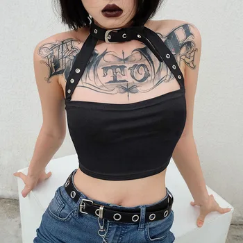 Goth Mørke Afgrøde top til kvinder gotiske halterneck cropped top slank talje nitter på remmen fast punk-grunge backless bomuld tank toppe i 2020