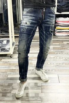 Italiensk Stil Og Mode Til Mænd, Jeans Slim Fit Splejset Designer Ripped Jeans Mænd Punk Bukser I Høj Kvalitet Ødelagt Hip Hop Jeans