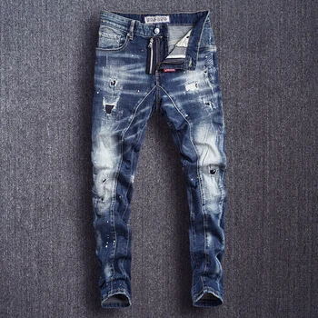 Italiensk Stil Og Mode Til Mænd, Jeans Slim Fit Splejset Designer Ripped Jeans Mænd Punk Bukser I Høj Kvalitet Ødelagt Hip Hop Jeans