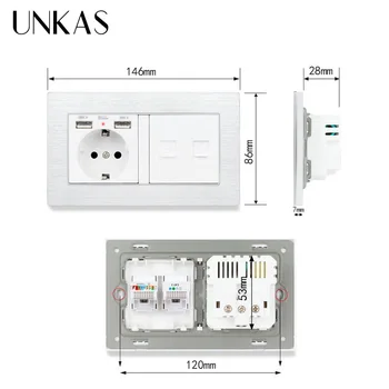 UNKAS Aluminium Panel EU-Standard for Stik Reduceret Med Dobbelt USB-Port + RJ11 Telefon-Stik Og RJ45-Computer med Internet Jack