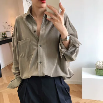 Fløjlsbukser Bluse Kvinder Elegante Solid Skjorte Plus Size Formelle Shirt 2020 Efterår Og Vinter Vintage Bluse Maxi Feminina Toppe