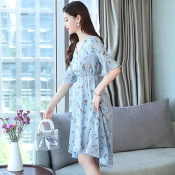 2019 sommeren nye kvinder blomstret chiffon kjole kort-langærmet elastisk talje V-Hals og print Kjole