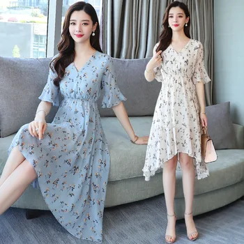 2019 sommeren nye kvinder blomstret chiffon kjole kort-langærmet elastisk talje V-Hals og print Kjole