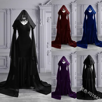 Kvinder Med Lange Ærmer Løs Gulv Længde Hooded Dress Cosplay Kostume Gotisk Kjole Middelalderlige Kjole Kjoler Halloween Kjole Heksen Dress