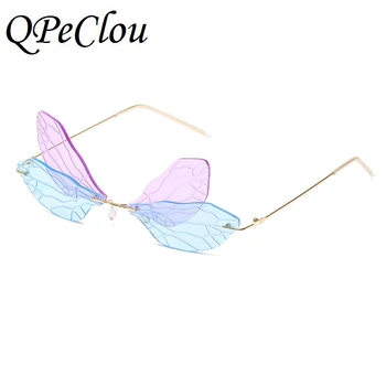 QPeClou 2020 Nye Fashion Party Farverige Dragonfly Solbriller Kvinder Vintage Steampunk Sol Briller Kvindelige Uindfattede Sjove Nuancer