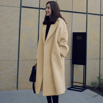 Efteråret og vinteren ny uld frakke fortykket stor størrelse koreanske version frakke dame frakke løs medium-længde dametøj
