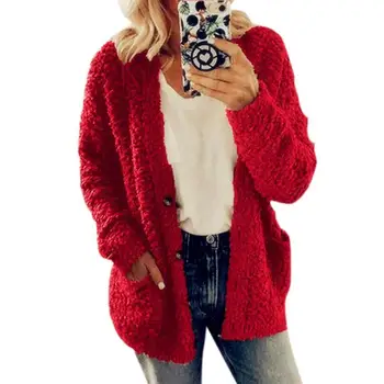 Mode Afslappet Ensfarvet Uld Fleece Frakke Komfortabel Kvinder Løs Varm Vinter Outwear Langærmet Cardigan Tøj