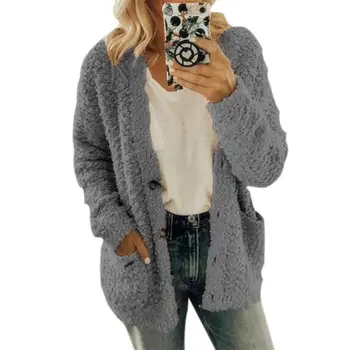 Mode Afslappet Ensfarvet Uld Fleece Frakke Komfortabel Kvinder Løs Varm Vinter Outwear Langærmet Cardigan Tøj