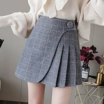 Plaid Nederdel, Shorts Kvinder 2020 Vinter Uld Plisseret Nederdel Koreansk Mode Uregelmæssige En Linje Højtaljede Jupe Pakke Hip Nederdele