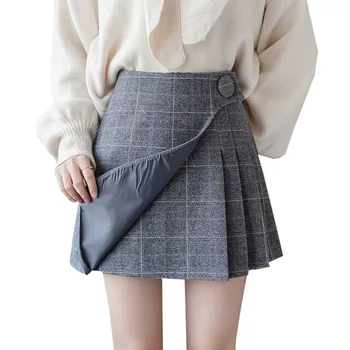 Plaid Nederdel, Shorts Kvinder 2020 Vinter Uld Plisseret Nederdel Koreansk Mode Uregelmæssige En Linje Højtaljede Jupe Pakke Hip Nederdele