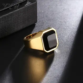 Nyeste Design Sort Karneol Rustfrit Stål Golden Square Signet Ring For Mænd Finger Ringe Mand Rigdom og Status Smykker