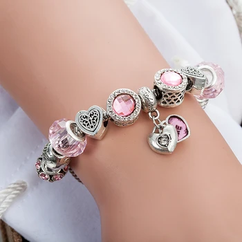 VIOVIA Europæisk Stil Autentisk Tibetansk Sølv Pink Krystal Armbånd til Kvinder, Oprindelige DIY Perler Smykker Gave B16142