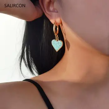 Salircon koreansk Stil Blå Hjerte Vedhæng Øreringe Unikke Knæk Design Bambus, Cirkel Piercing Hængende Øreringe til Kvinder Smykker
