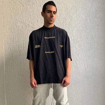 Kanye West High Street Afslappet Oversize T-shirt Herre Rullekrave Brev Skum kortærmet T-Shirt Hip Hop Harajuku Løs t-Shirts