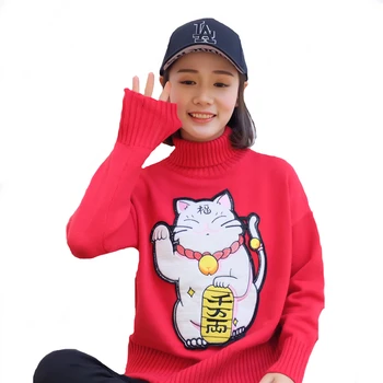 Nye 2020 foråret kvinder, damer Japansk MaNeKiNeKo broderi luckey kat rullekrave strikket sweater koreanske træk løs shirts