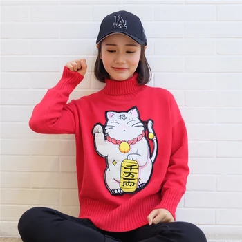 Nye 2020 foråret kvinder, damer Japansk MaNeKiNeKo broderi luckey kat rullekrave strikket sweater koreanske træk løs shirts