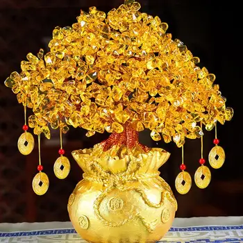 19cm Naturlig Krystal Heldig Træ Penge Træ Ornamenter Bonsai Rigdom og Lykke Feng Shui Ornamenter Home Decor(med Guld Mønter og Base)
