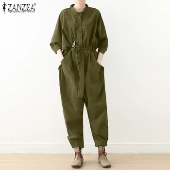 Kvindelige Solidt Bælte Romper Dame 2021 Nye Mode-Jumpsuits ZANZEA koreanske Streetwear Legedragter Afslappet O-Hals-Knappen Samlede 5XL