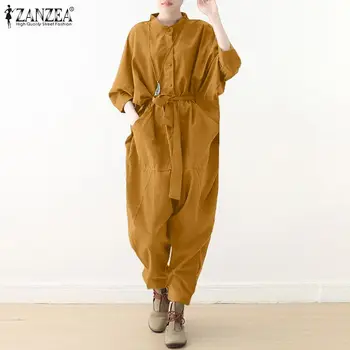 Kvindelige Solidt Bælte Romper Dame 2021 Nye Mode-Jumpsuits ZANZEA koreanske Streetwear Legedragter Afslappet O-Hals-Knappen Samlede 5XL