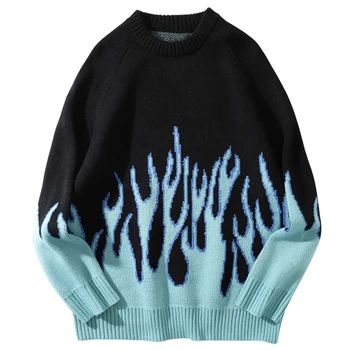 Sweater, Pullover Mænds Streetwear Blå Ild Flamme Strikket Sweater Hip Hop Harajuku Toppe Par Casual Sweater Sort