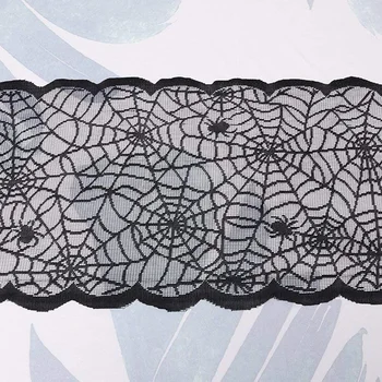 Black Lace Spider Web Skræmmende Kranie Skelet Web Bordløber Spisebord Dække Pejs Cover Til Halloween Fest Dekoration