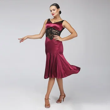 Kvinder latin dans kjole til dans kostumer salsa kjole til latinoer danse tøj kvinder latin kjole samba kostumer vin røde Blonder