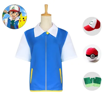 Ash Ketchum Anime Cosplay Kostume Top Hat, Handsker Voksne Børn Dreng Mænd Halloween Sjov Skjorte