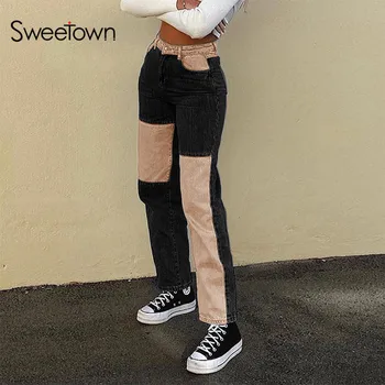 Sweetown Patchwork Colorblock Straight Jeans Til Kvinder Punk Piger' Y2K Streetwear Bukser Preppy Stil med Høj Talje Denim Bukser