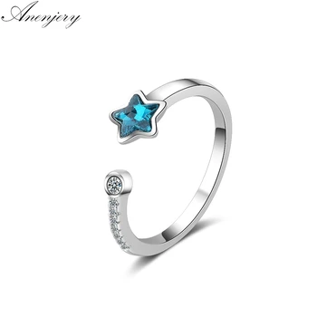 ANENJERY 925 Sterling Sølv, Blå Krystal Stjerne Åbning Ring For Kvinder Pige Gave Micro Zircon Ring anillos anel S-R368
