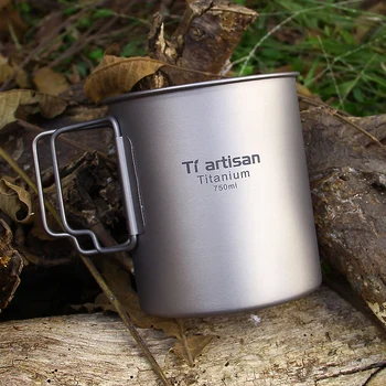 Tiartisan Vand Cup Titanium Folde Håndtag Vand Krus 750ml Folde Håndtag med Låg Ultralette Bærbare Kop Kaffe 120g Ta8315