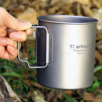 Tiartisan Vand Cup Titanium Folde Håndtag Vand Krus 750ml Folde Håndtag med Låg Ultralette Bærbare Kop Kaffe 120g Ta8315