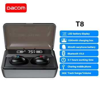 DACOM T8 TWS Bluetooth Hovedtelefoner Ægte Trådløse Stereo Øretelefoner Indbygget Mikrofon Trådløs håndfri Øretelefoner til iPhone, Samsung
