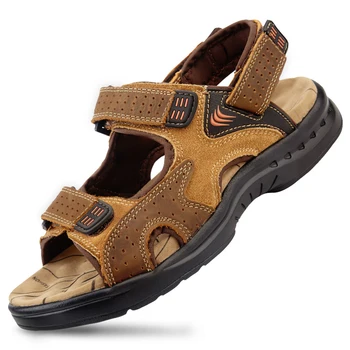 Ægte læder mænd sandaler ruskind læder sandalias hombre koskind mandlige sommer sko tøfler udendørs casual sandaler mænd