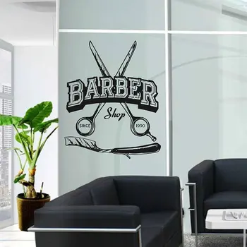 Saks Barbershop Logo Wall Sticker Vinyl Vindue Indretning Frisørsalon Decals Haircuts Vægmaleri Wall Paper Flytbare Brugerdefinerede Tid A152