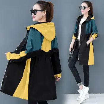 2020 Mode Tynd Trench coat For Kvinder Efterår og Vinter Nye Hætte Top Splejse Lang Vindjakke Studerende Afslappet Plus size Overtøj